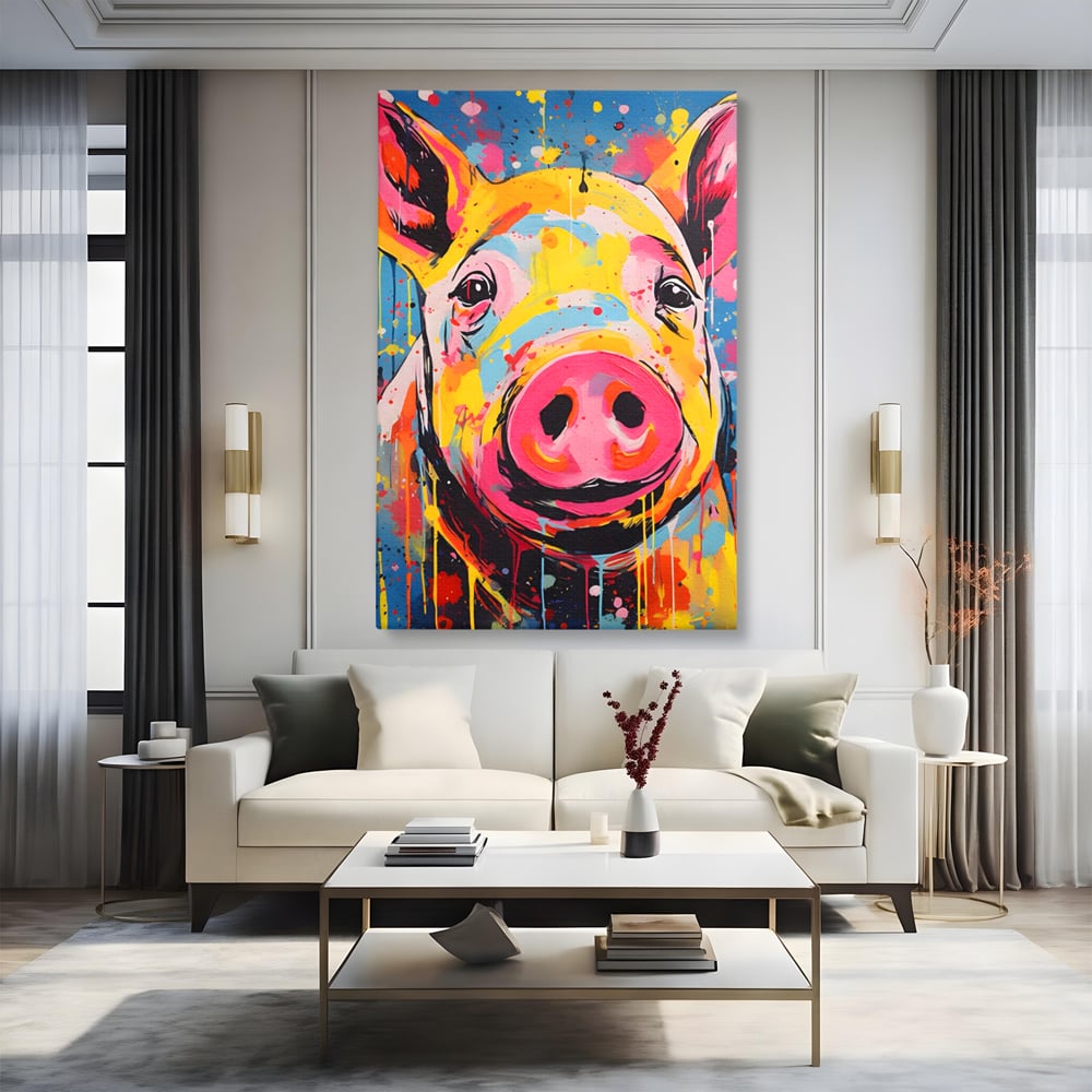 Tablou canvas cu tablou canvas portret de porc colorat, fara rama, pe sasiu de lemn, pe perete intr-un living